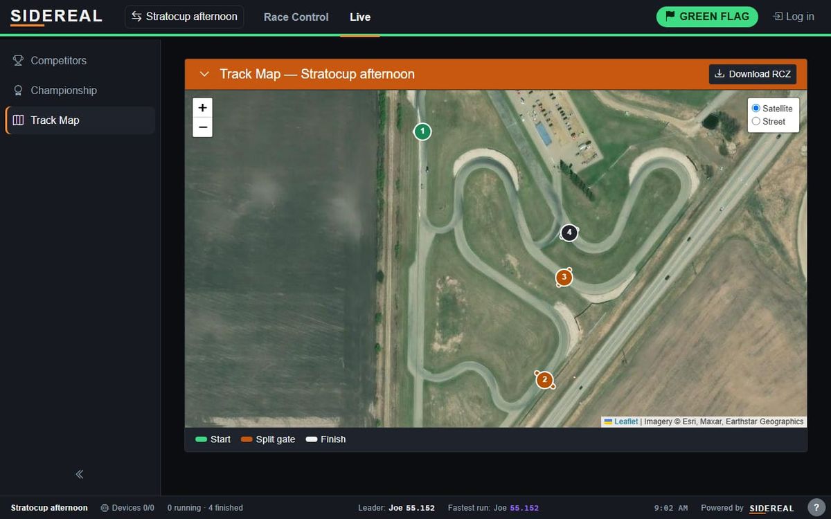 Track map for the same session: satellite view of the circuit with a numbered start marker, two split gates and a finish marker, and a legend for start, split gate and finish.